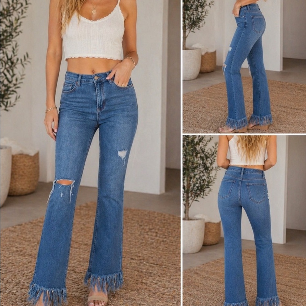 Free People Blue Distressed High-Rise Flare Jeans with Frayed Hem